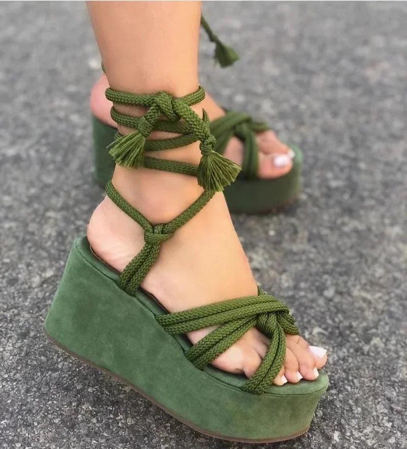 2024 Summer New Platform Wedge Sandals for Women Fashion Round Toe Cross Tied Height Increase Open Toe Femme Sandal Plus-THAT FASHION STORE