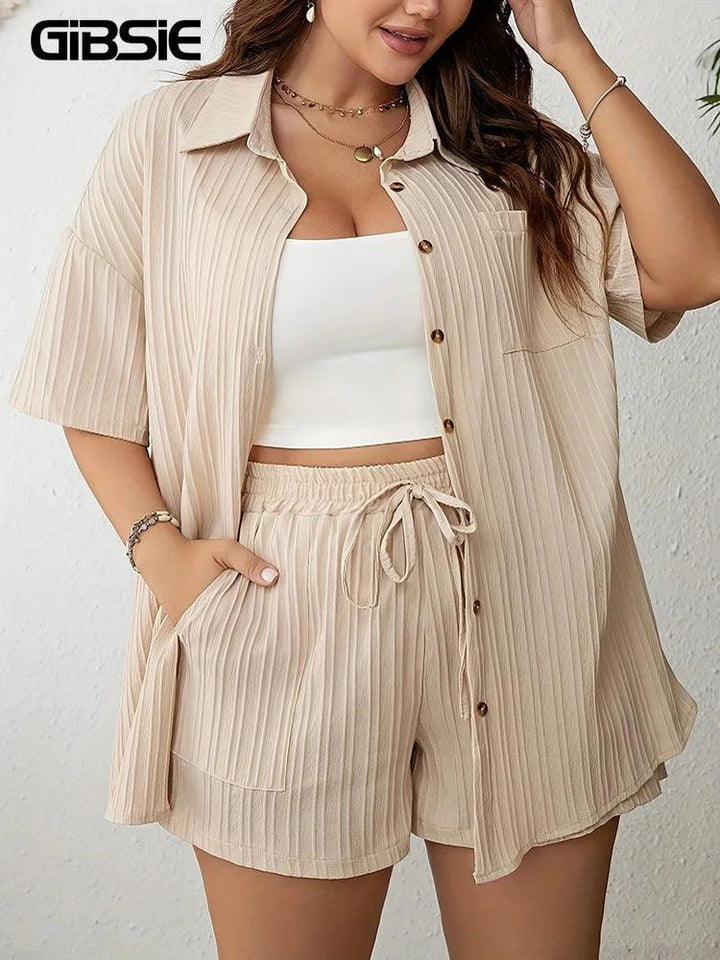 GIBSIE Plus Size Summer Two Piece Sets For Women 2024 Holiday Casual Button-up Short Sleeve Shirt with Elastic Waist Shorts-THAT FASHION STORE