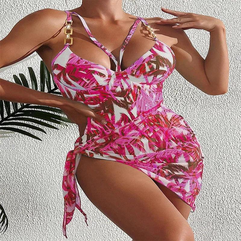 Beach Women Printed Hollow Fashion Swimsuit One Piece Belly Covering and Slim Fitting Mesh Bikini Women-THAT FASHION STORE