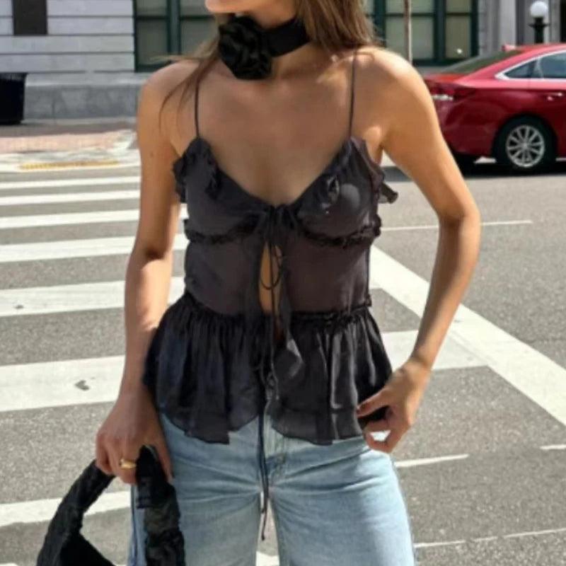 Maemukilabe Sexy Black Mesh See-Through Crop Tops V-Neck Front Tie Up Ruffles Camis Summer Holiday Backless Vest Tops Y2K-THAT FASHION STORE