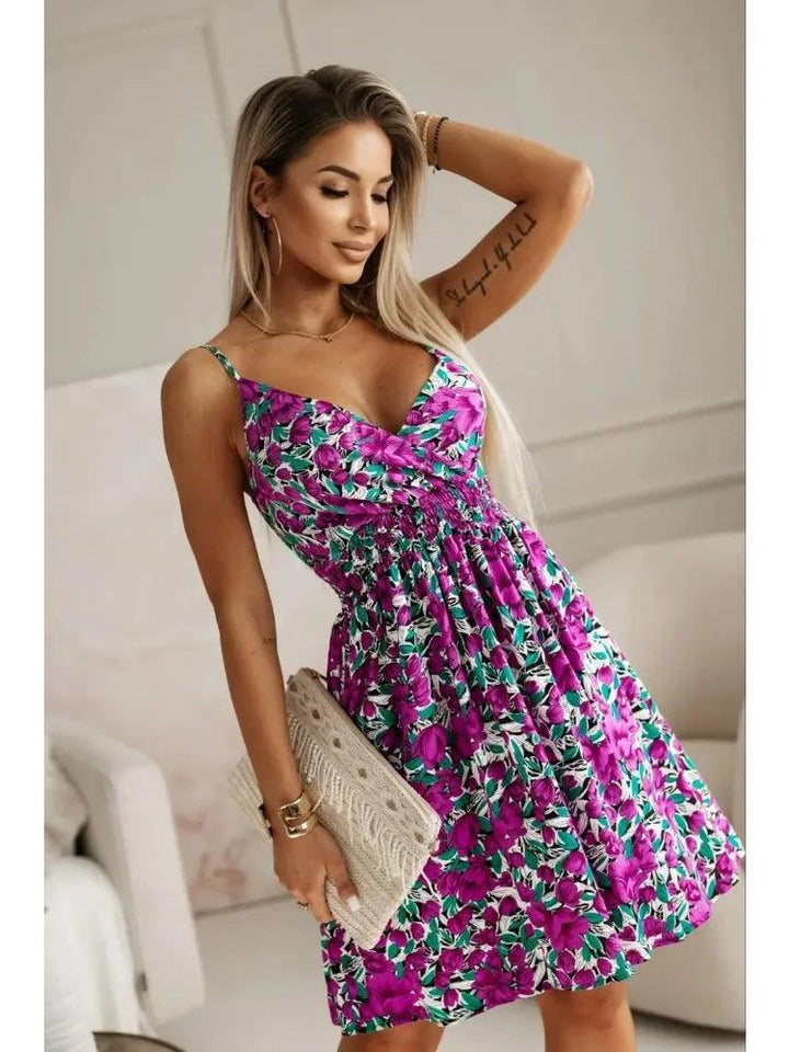 New Fashion Women's Summer Wrap Pleated Dresses Ladies Floral Print Sexy Spaghetti Strap Sling DressBeach Dress A Line Sundress-THAT FASHION STORE