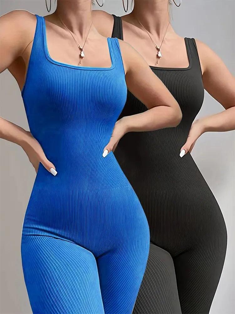 Women's 2-Piece Yoga Jumpsuit Exercise Ribbed Square Collar Sleeveless Vest Sports Jumpsuit-THAT FASHION STORE