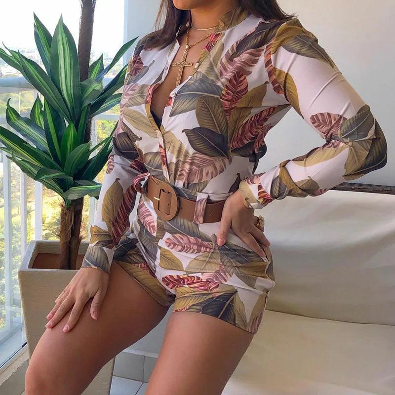 Womens Two Piece Sets Outfit Leaf Print Button Down Shirt & Shorts Set New Fashion 2023 Summer Casua Female Clothing Outfits-THAT FASHION STORE