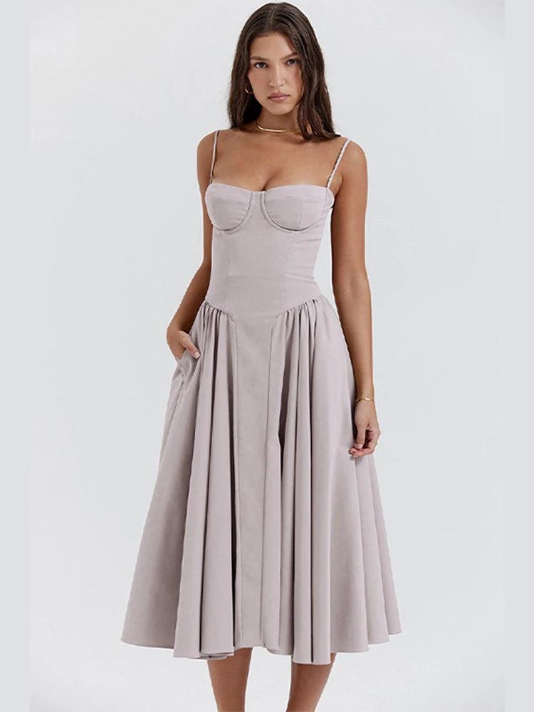 Elegant Women Solid Sling Long Pleated Dress Chic Sleeveless Backless A-line Dresses 2024 Summer Party Club Date Evening Robes-THAT FASHION STORE