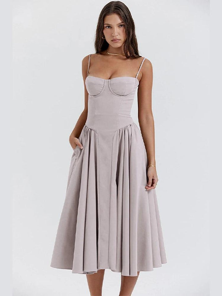 Elegant Women Solid Sling Long Pleated Dress Chic Sleeveless Backless A-line Dresses 2024 Summer Party Club Date Evening Robes-THAT FASHION STORE