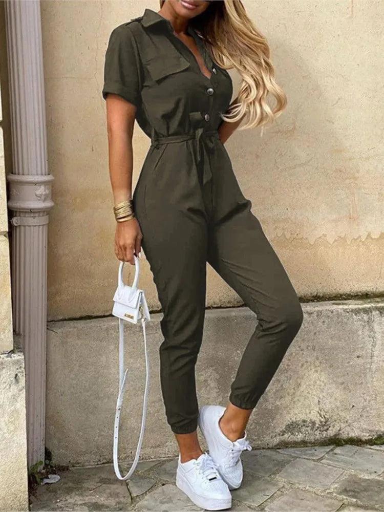 Summer Women's New Fashion Flip Collar Button Print Belt Lace Up Work Dress Casual Capris Jumpsuit Office-THAT FASHION STORE