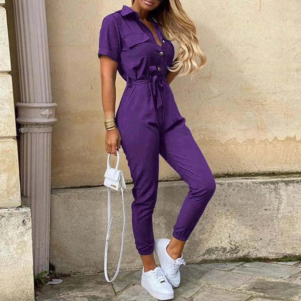 Women's Monochromatic Belt Workwear Jumpsuit, Casual Pants, Flip Collar, Buckle, European and American, Summer, 2023-THAT FASHION STORE