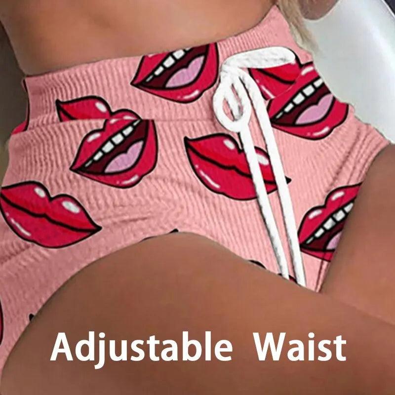 Summer Short Sexy Casual Lips Print Female Sleepwear Suit Pajamas 2pcs Top+Pants Skinng Women Homewear Underwear-THAT FASHION STORE