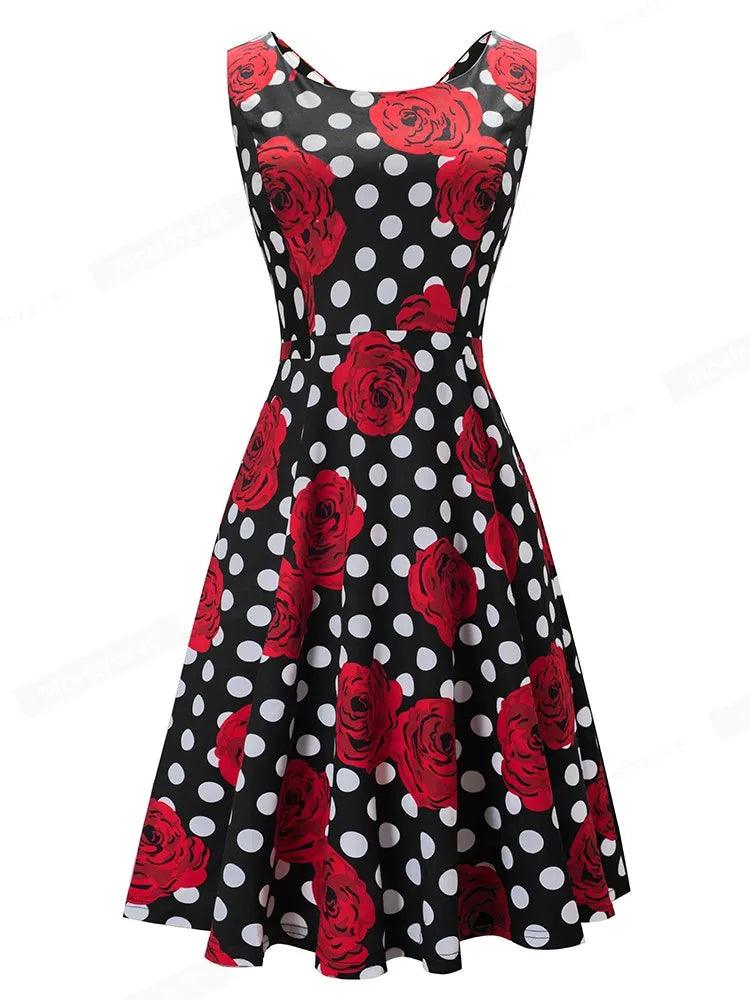 Nice-forever Summer Women Polka Dots with Floral Retro Sun Dresses Party Pinup Flare A-line Dress btyA063-THAT FASHION STORE