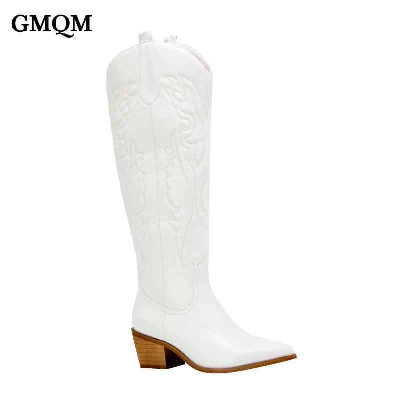 GMQM New Fashion Women 's Embroidered Western CowBoy Shoes Knee High Boots PU Chunky Heel Platform Boots Pointed Toe Punk Style-THAT FASHION STORE