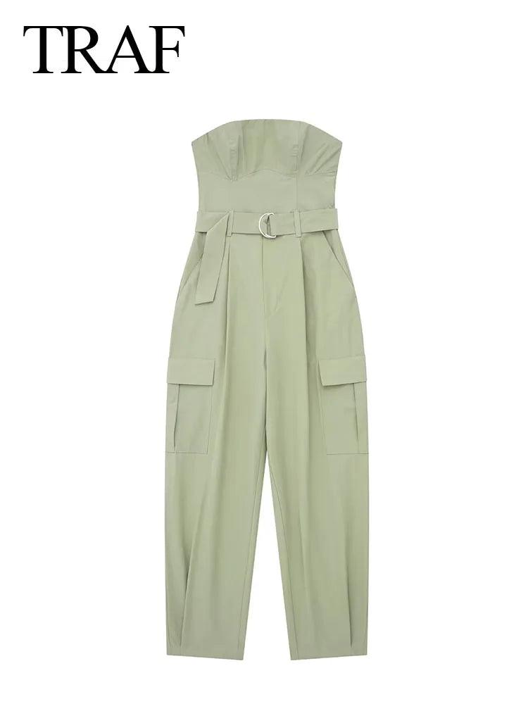 TRAF 2023 New Women Fashion Y2K Jumpsuit Solid Green With Belt Sleeveless Green Cargo Pants Loose Chic Female Clothing Street-THAT FASHION STORE