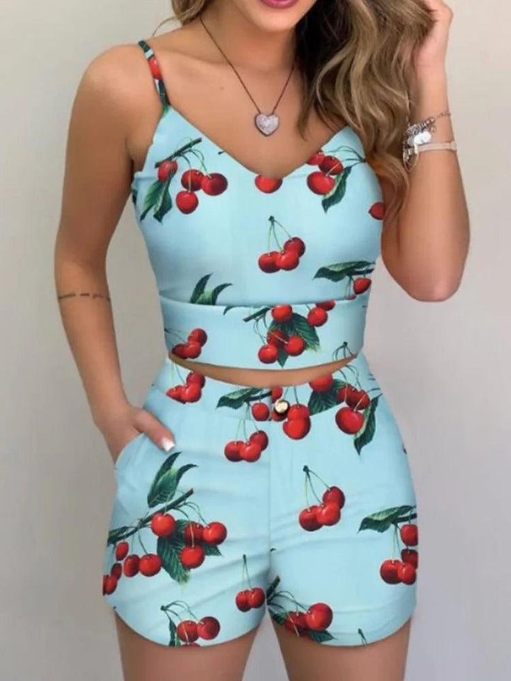 Print Spaghetti Strap Crop Top & Short Sets Casual Summer 2 Piece Outfits for Women-THAT FASHION STORE