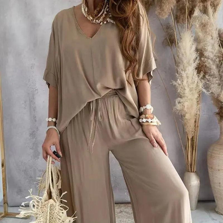 2024 Summer Pant Sets two piece sets For Women V neck Bat Sleeve Casual Loose Wide-leg Pants 2 piece set solid homewear Outfits-THAT FASHION STORE