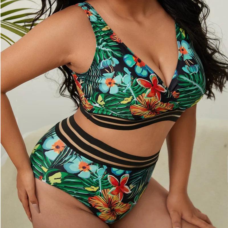 Plus Size Swimsuit Leaves Printed High Waist Two Pieces Bikini Set Swimsuit Female Women Beachwear Swimwear Bather Bathing Suit-THAT FASHION STORE