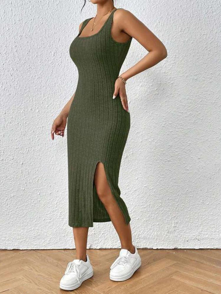 Women's summer fashion new knitted square collar halter slim slit solid color texture dress-THAT FASHION STORE