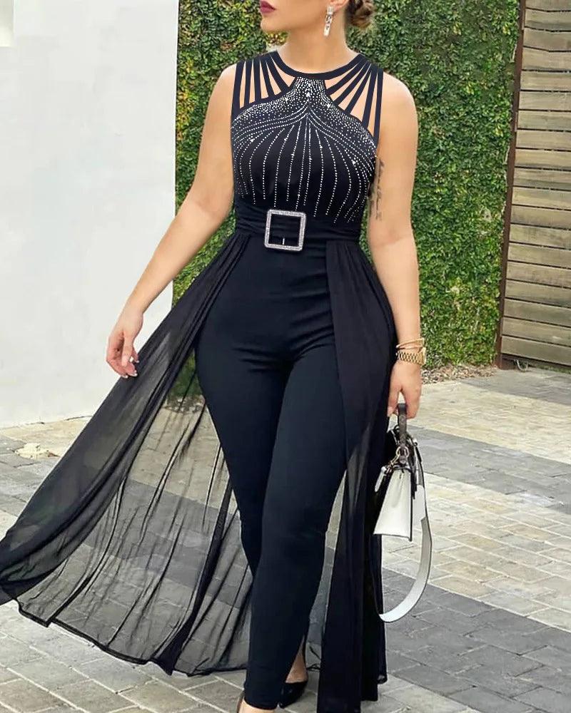 2024 Summer Women's Sexy Round Neck Rhinestone Sheer Mesh Sleeveless Jumpsuit with Belt New Fashion Rompers Womens Jumpsuit-THAT FASHION STORE