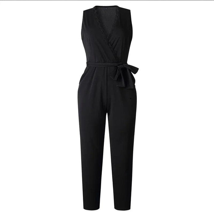 Customized Fashion Lace Women Jumpsuit With Belt Sleeveless Casual V-neck Solid Women Black Jumpsuits Fashion Female Pants-THAT FASHION STORE