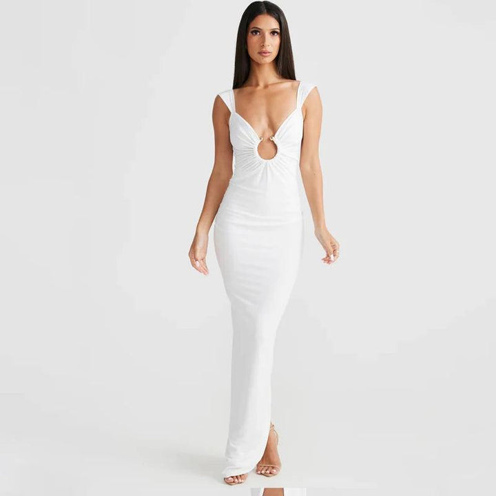 White Backless Maxi Dress V-Neck Sleeveless Bodycon Summer Dress Women Elegant Long Party Dresses-THAT FASHION STORE