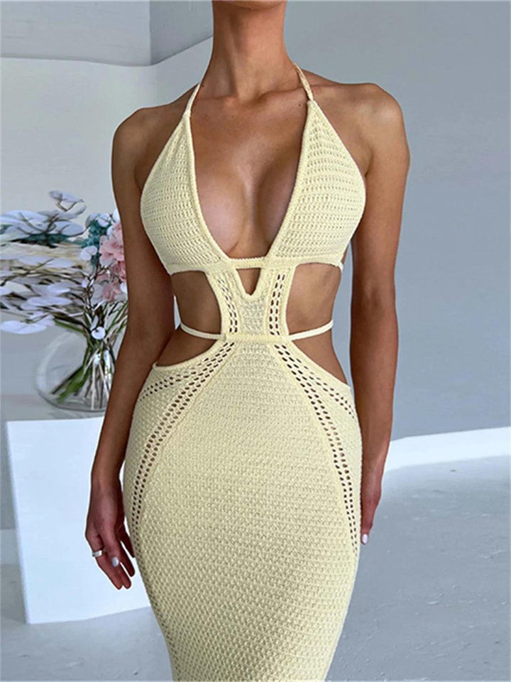 wsevypo Women Halter Tie-up Knit Crochet Beach Dress Sexy Backless Sleeveless Deep V Cutout Waist Wrapped Bodycon Dress Clubwear-THAT FASHION STORE