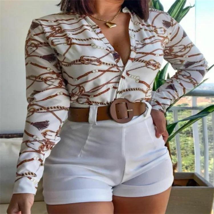 Womens Two Piece Sets Outfit Leaf Print Button Down Shirt & Shorts Set New Fashion 2023 Summer Casua Female Clothing Outfits-THAT FASHION STORE