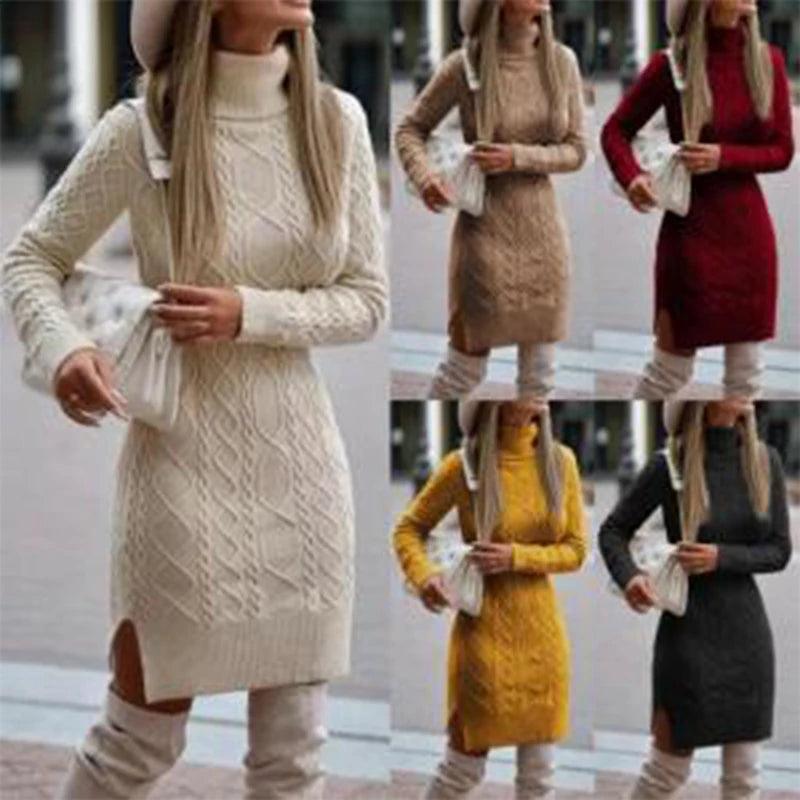 Warm Knitted Dresses Women High Neck Slim Solid Wool Mini Dresses Fashion Ladies Basic Long Sleeve Winter Autumn Warm Dresses-THAT FASHION STORE