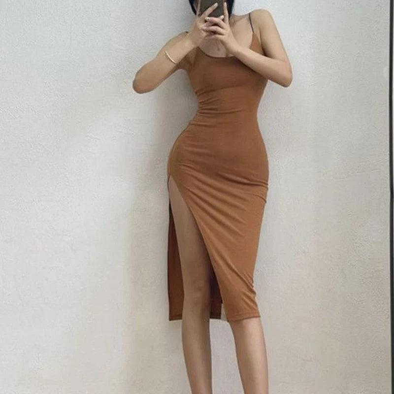 Rimocy 2024 New Sexy Sleeveless Slim Long Dress Women Party Club High Split Spaghetti Strap Dresses Woman Bodycon Dress Female-THAT FASHION STORE