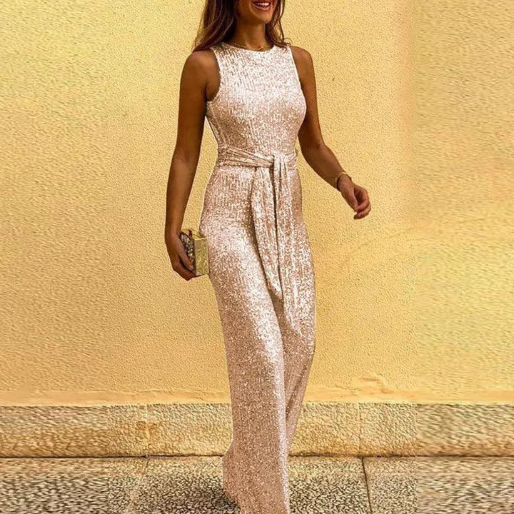 Sexy Backless Sequins Women Jumpsuits Elegant O Neck Sleeveless Lace Up Casual Rompers Glitter Party Clubwear Female Clothes-THAT FASHION STORE