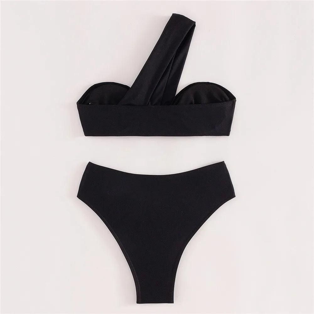 Black High Waisted Bikini Set One Shoulder Bandeau Swimwear Sexy Swimsuit Women 2024 Bathing Suit Brazilian Bikinis Mujer Bather-THAT FASHION STORE