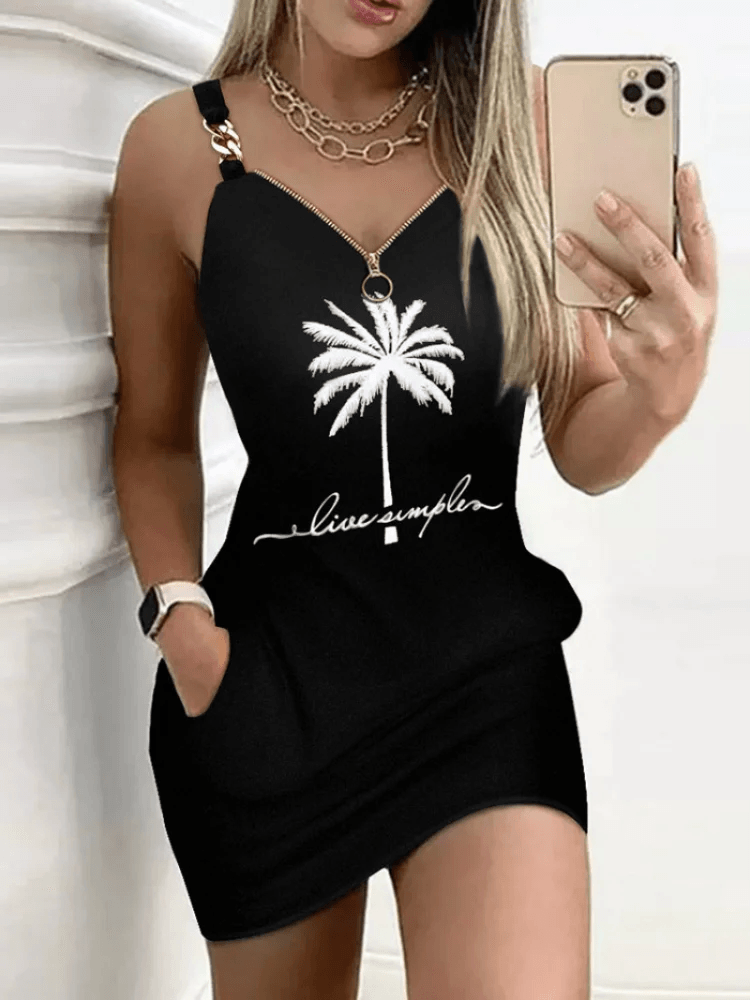 Women's Dresses Summer Fashion Coconut Tree Print Chain Decor Casual V-Neck Sleeveless Mini Straight Dress DF4985-THAT FASHION STORE