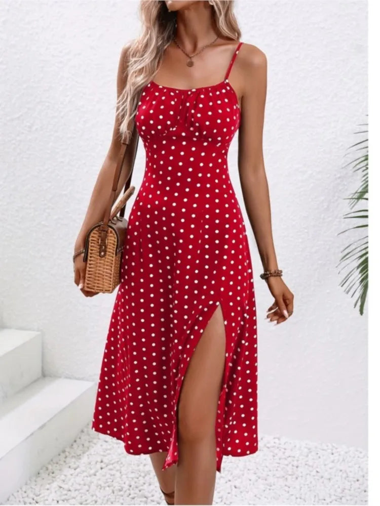 2024 Summer Sexy Spaghetti Straps Dress Women Fashion Polka Dot Print Sleeveless Slit Dress Boho Casual Beach Midi Dresses - THAT FASHION STORE