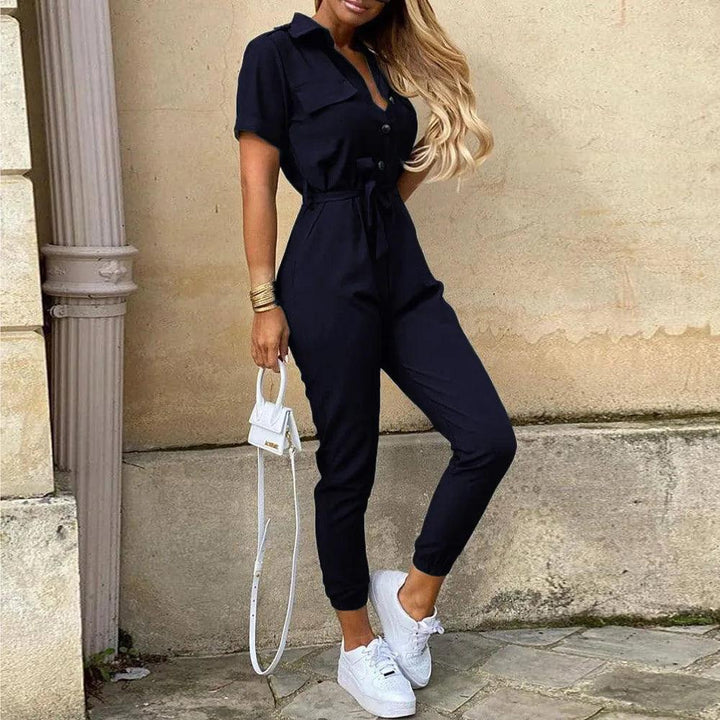 Women's Monochromatic Belt Workwear Jumpsuit, Casual Pants, Flip Collar, Buckle, European and American, Summer, 2023-THAT FASHION STORE