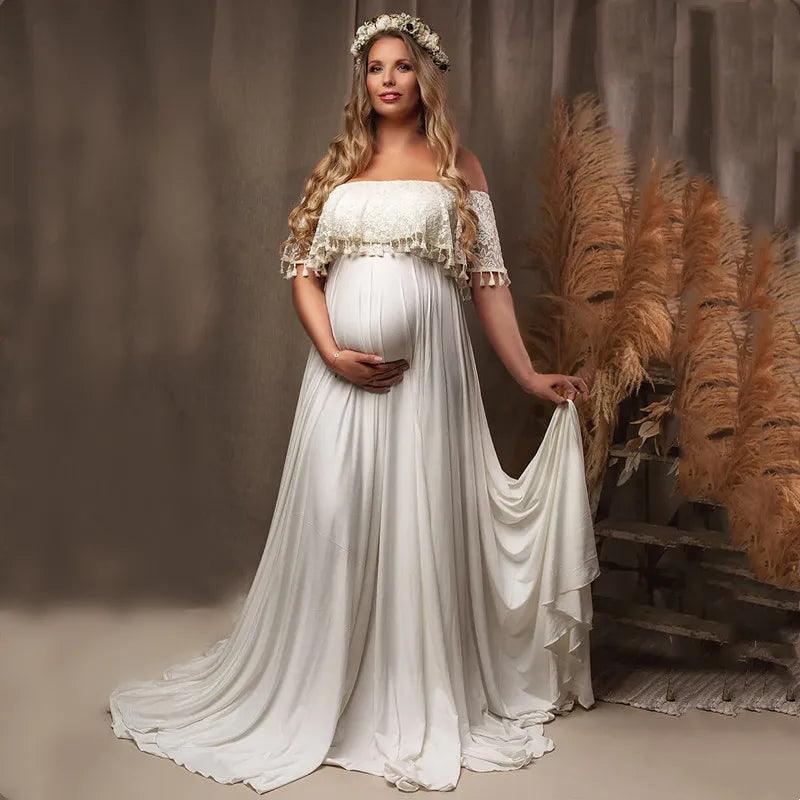 Slash Neck Boho Maternity Photo Shoot Long Dresses Jersey Ruffles Maternity Lace Photography Maxi Gown-THAT FASHION STORE