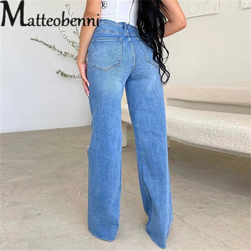 Fashion High Waist Street Versatile Jeans Women's Straight Wide Leg Denim Pants Female Daily Casual Basic Broken Holes Trousers-THAT FASHION STORE