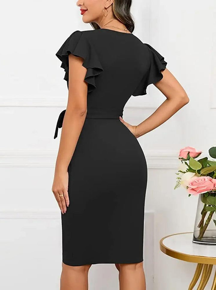 Bodycon Sexy Summer Dress Cocktail Faux Wrap Deep V Neck Ruffle Sleeve Ruched Party Work Formal Wedding Dresses for Women-THAT FASHION STORE