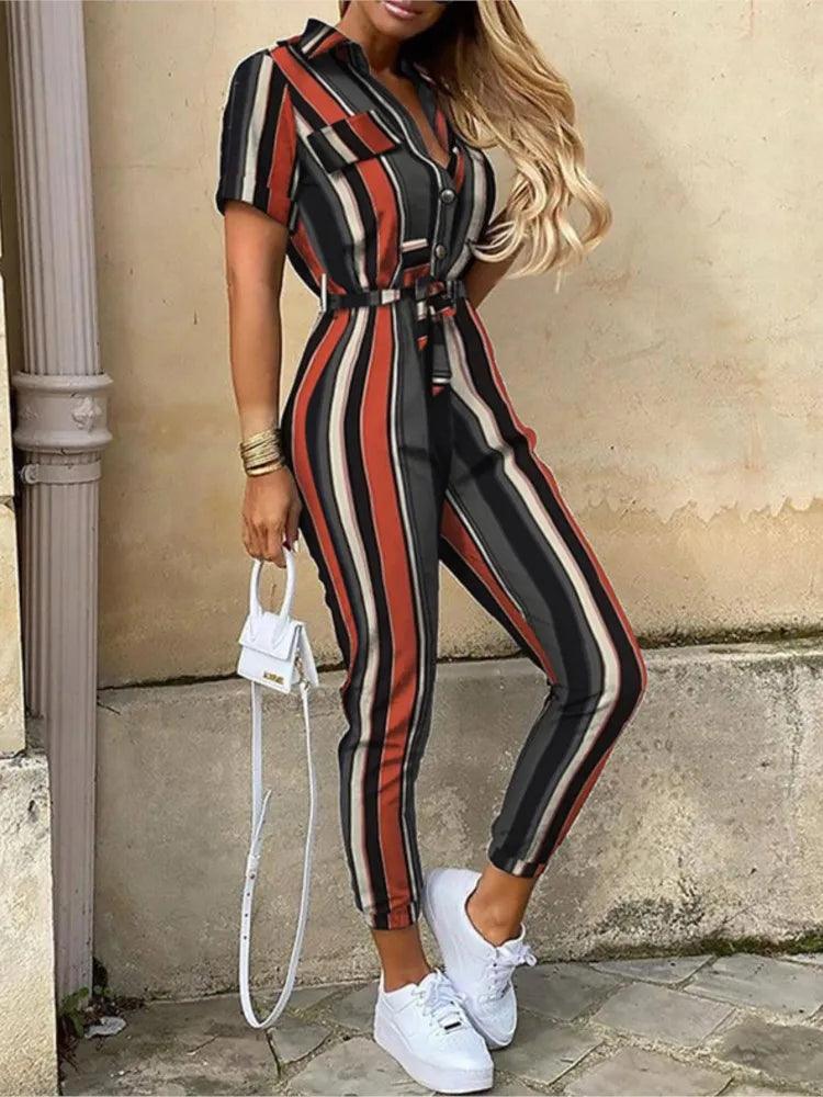 Summer Women's New Fashion Flip Collar Button Print Belt Lace Up Work Dress Casual Capris Jumpsuit Office-THAT FASHION STORE