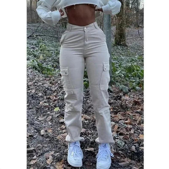 Women High Waist High Elastic Solid Jeans 2023 New Autumn Jeans Women Workwear with Pocket Denim Straight-Leg Pants Cargo Pants-THAT FASHION STORE