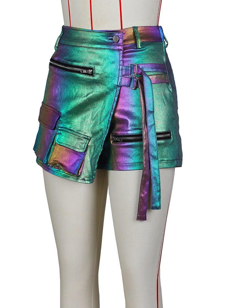 Kricesseen Trendy Half Wrap Faux Leather Shorts Fashion Pockets Details Zippers Metallic Shorts Festival Outfits Sexy Clubwear-THAT FASHION STORE