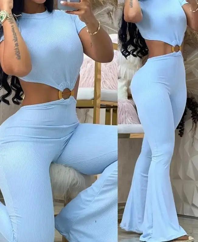 2023 Summer Woman Long Jumpsuits Elegant Sexy O-Ring Decor Cutout Short Sleeve Jumpsuit New Fashion Casual One Pieces-THAT FASHION STORE