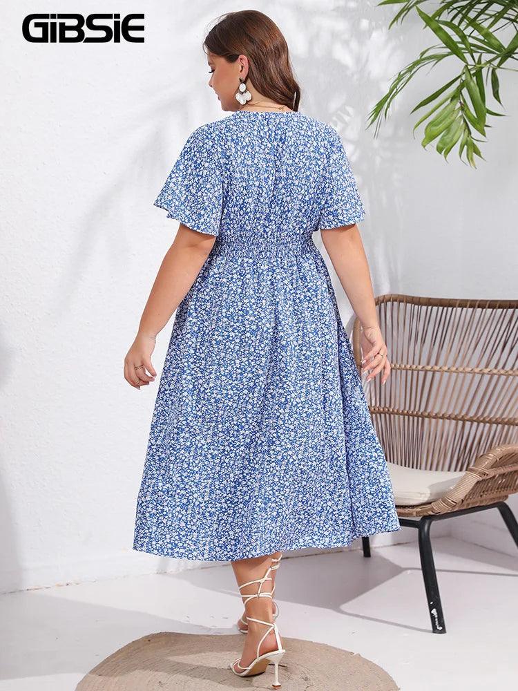 GIBSIE Plus Size Ditsy Floral V-Neck Boho Long Dress Women Summer Short Sleeve High Elastic Waist Holiday A-Line Dresses 2023-THAT FASHION STORE