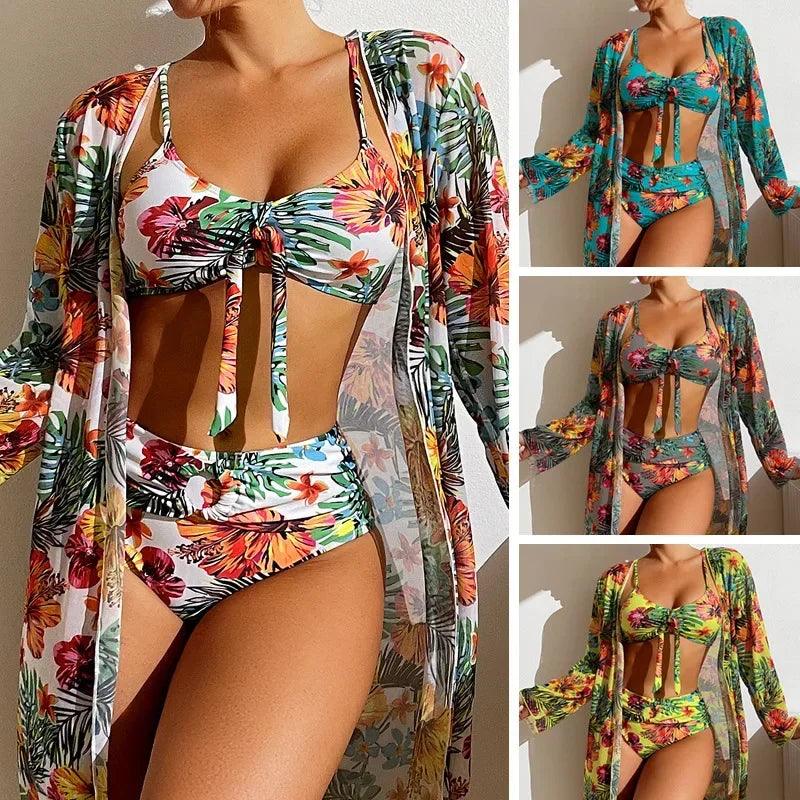 Women Sexy Beach Bikinis Three Pieces Bikini Set Cover Up Swimwear High Waisted Bikini Set Women Swimwear Print-THAT FASHION STORE