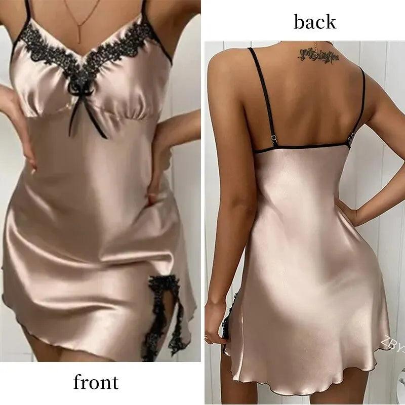 Summer Women's Deep V Sexy Sleeveless Pajamas Women's Lace Side Slightly Open Sling Straps Solid Color Dress Pajamas-THAT FASHION STORE