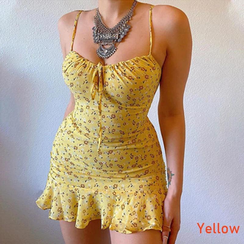 Floral Print Short Summer Dresses Woman Spaghetti Strap Slim Mini Dress Boho Sundress Bandage Sexy Ruffle Tunic Dress S-5XL-THAT FASHION STORE