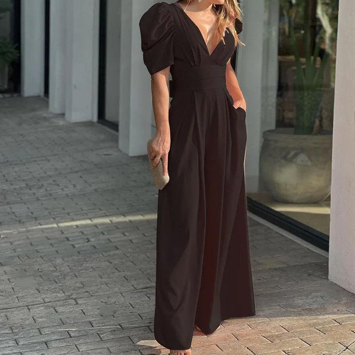 Office Summer Women Solid Short Sleeve V-Neck Black Casual Wide Leg Jumpsuit 2023 Elegant Summer Pants Mujer Tute Roupas Feminin-THAT FASHION STORE