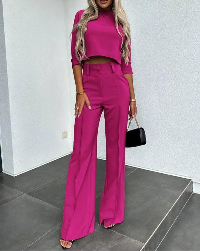 Spring New Crop Top With Flare Pants Two Piece Set Women Fashion Solid Turtleneck T Shirt Suit Office Casual White Pant Set Lady-THAT FASHION STORE