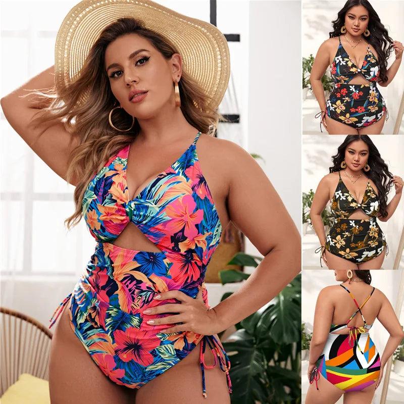 2024 New High Waisted Swiming Suits Plus Size Floral Print Cutout Drawstring Monokini One Piece Swimsuit Women-THAT FASHION STORE