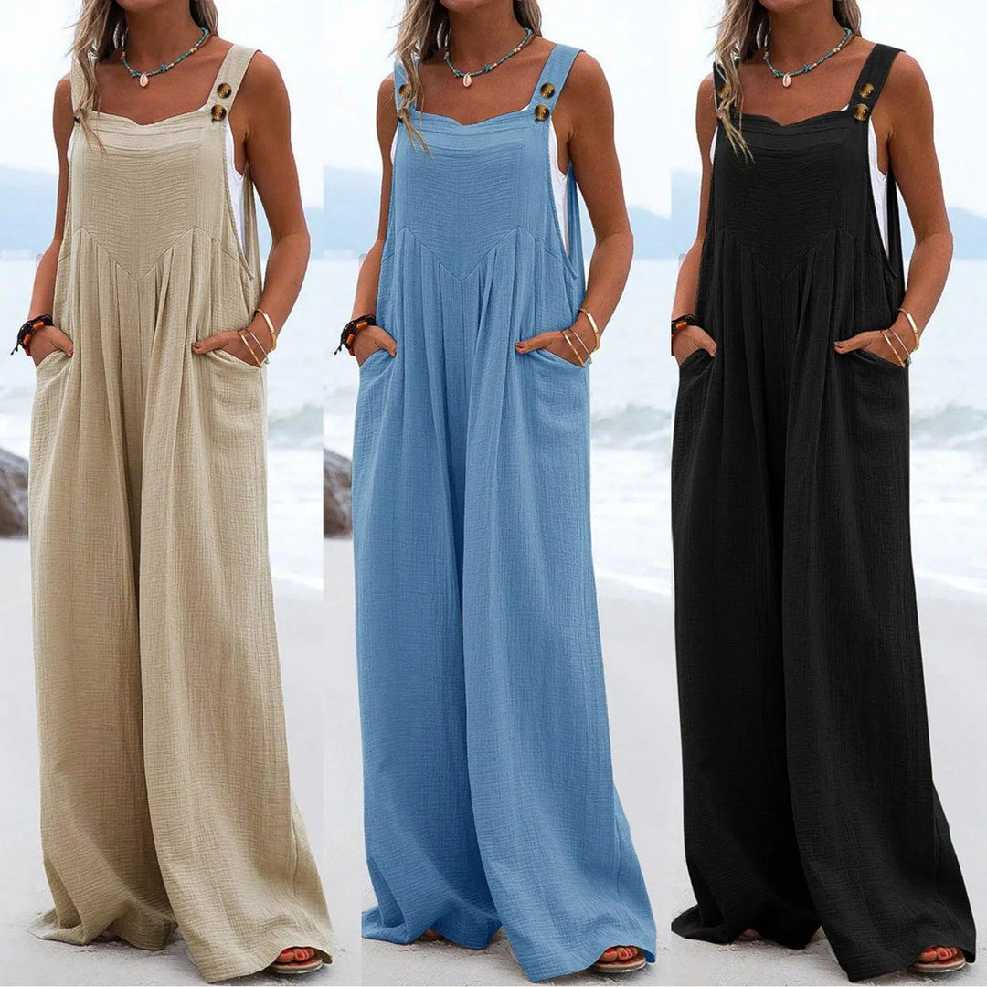 Women Rompers Cotton Linen Loose Jumpsuit Women Casual Solid Color Wide-Leg Pants Button Strap Romper Holiday Beach Overalls-THAT FASHION STORE