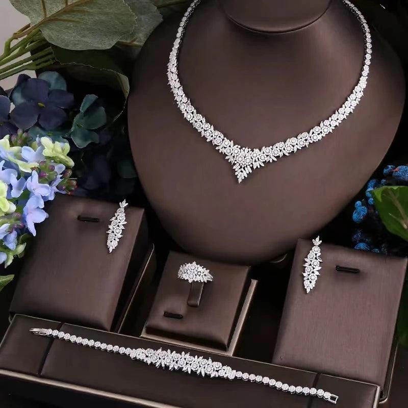 4 pieces of bride zirconia full set of women's party jewelry, luxury Dubai Nigeria CZ luxury crystal wedding necklace set-THAT FASHION STORE