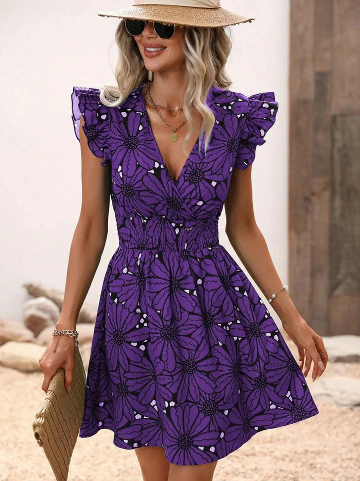 Chic Flower Print Vest A-Line Dress Women Summer V-Neck Mini Skirt Elegant Vacation Dresses-THAT FASHION STORE