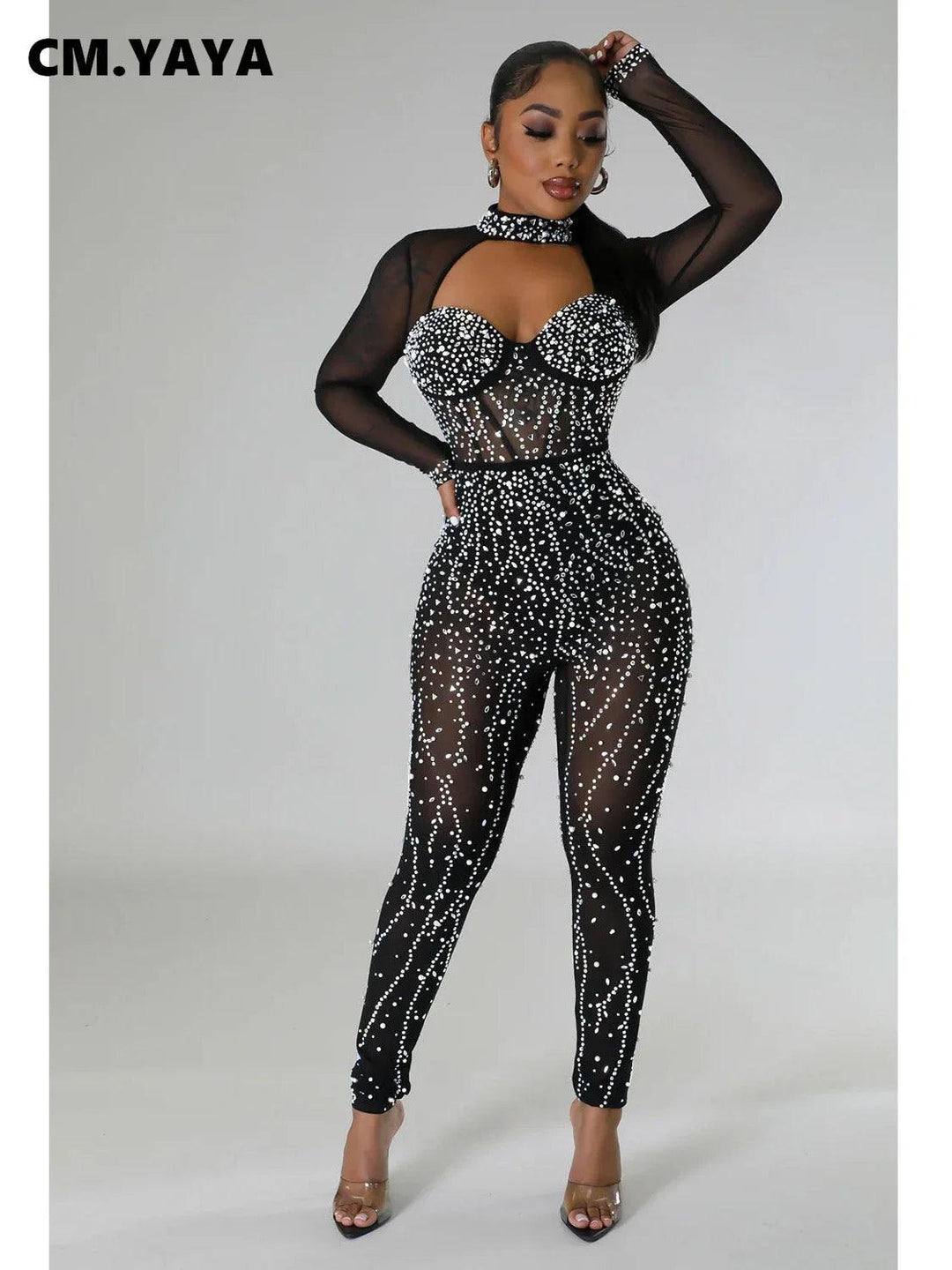 CM.YAYA Women Mesh See Though Diamond Hot Rhinestones Long Sleeve Jumpsuit 2024 Chic Sexy Party One Piece Suit Romper Playsuit-THAT FASHION STORE