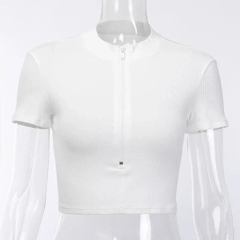 YUZHEXI Zipper Knit Top Women Bare Waist Short Sleeve White T Shirt Spring Summer 2024 Bodycon Active Jogging Crop Tops Cute Y2k-THAT FASHION STORE